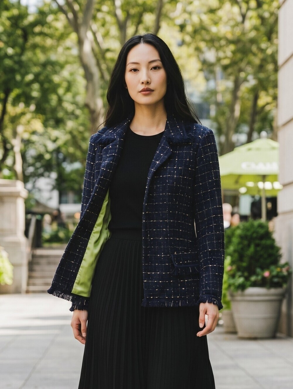 Vintage Bob Mackie Black And Lime Green Tweed Blazer with Fringe Trim